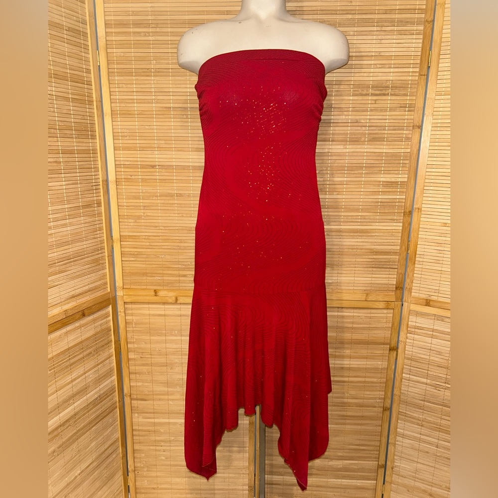 Vintage Byer Too! Red Strapless Midi Dress Asymmetrical Hem sparkle medium